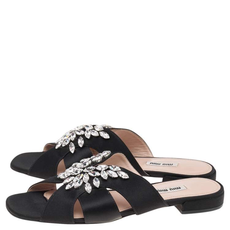 Pre Owned Miu Miu Black Satin Crystal Embellished Flat Sandals Size 39.5