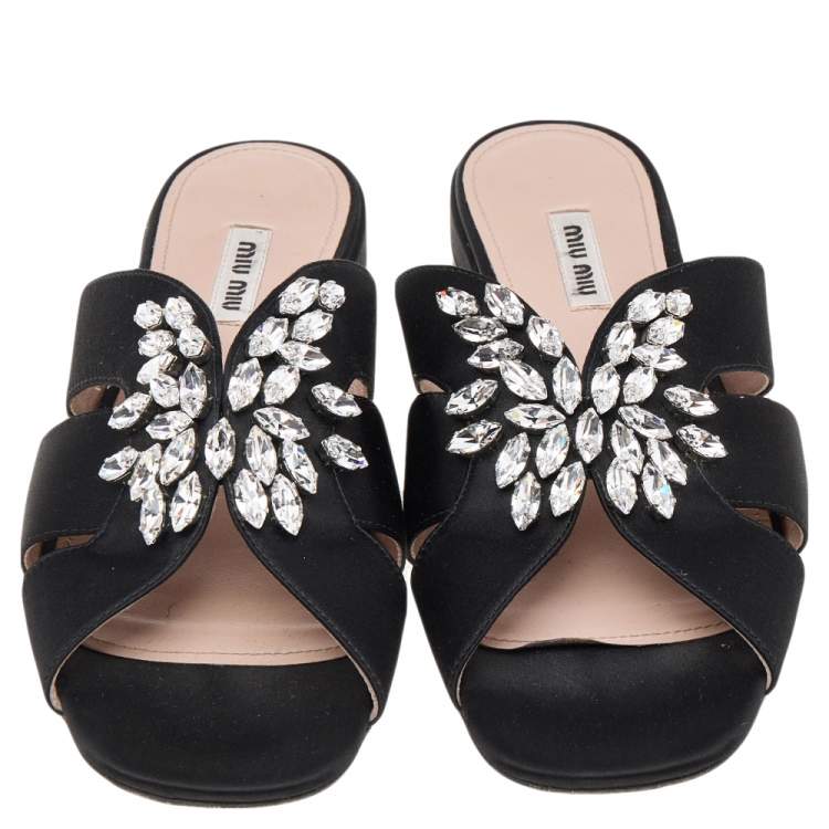 Pre Owned Miu Miu Black Satin Crystal Embellished Flat Sandals Size 39.5