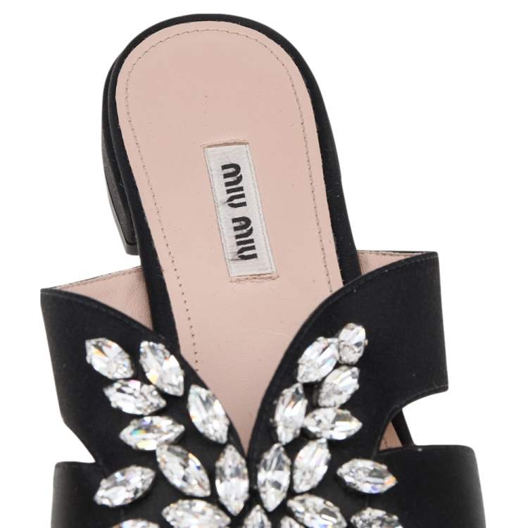 Pre Owned Miu Miu Black Satin Crystal Embellished Flat Sandals Size 39.5