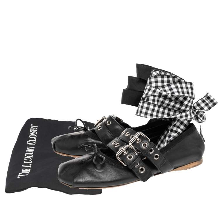 Pre Owned Miu Miu Black Leather Double Buckle Naplak Ballet Flats Size 38