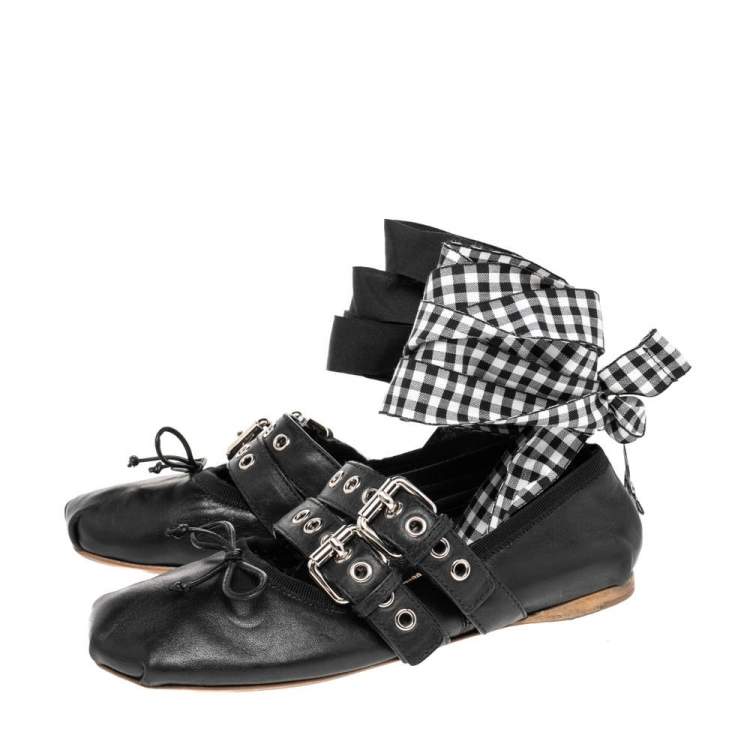 Pre Owned Miu Miu Black Leather Double Buckle Naplak Ballet Flats Size 38