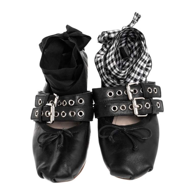 Pre Owned Miu Miu Black Leather Double Buckle Naplak Ballet Flats Size 38