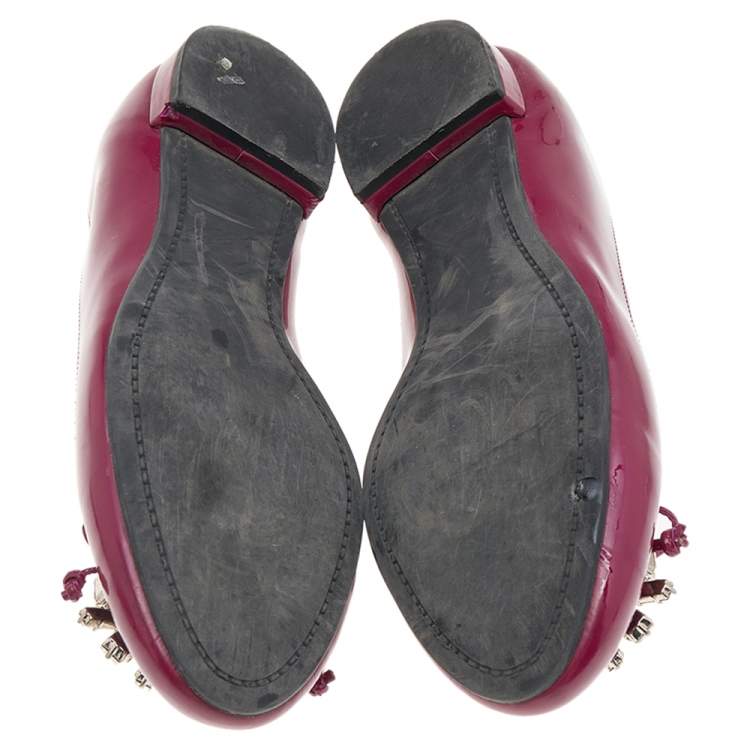 Pre Owned Miu Miu Burgundy Patent Leather Crystal Embellished Ballet Flats Size 38