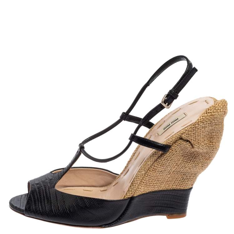 Pre Owned Miu Miu Black Lizard Embossed Leather T-Strap Wedge Sandals Size 39.5