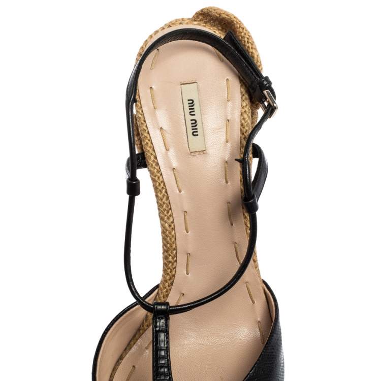 Pre Owned Miu Miu Black Lizard Embossed Leather T-Strap Wedge Sandals Size 39.5