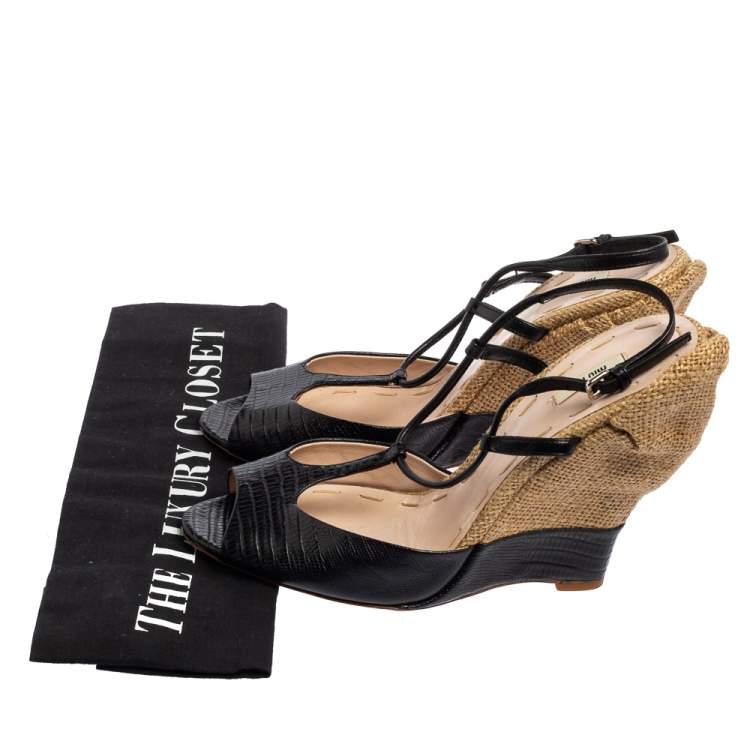 Pre Owned Miu Miu Black Lizard Embossed Leather T-Strap Wedge Sandals Size 39.5