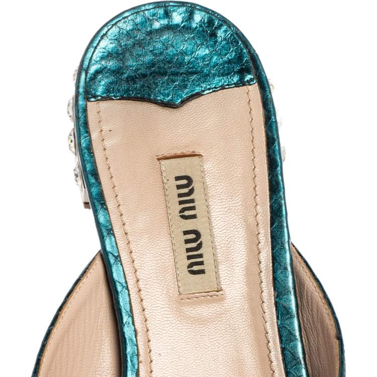 Pre Owned Miu Miu Metallic Blue Python Embossed Leather Bow Detail Flat Sandals Size 39