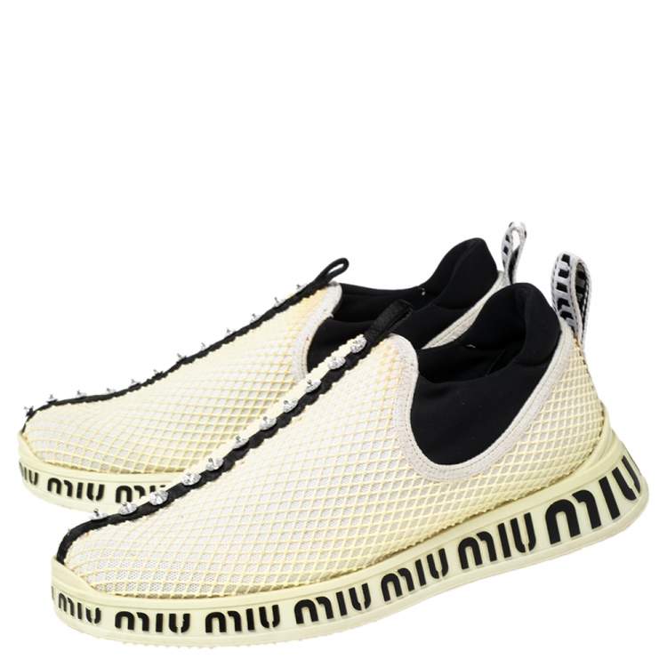 Pre Owned Miu Miu Cream Mesh Crystal Embellished Slip-On Sneakers Size 36