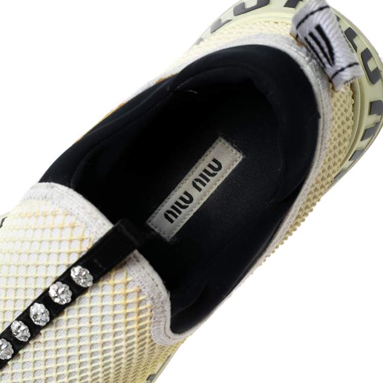 Pre Owned Miu Miu Cream Mesh Crystal Embellished Slip-On Sneakers Size 36