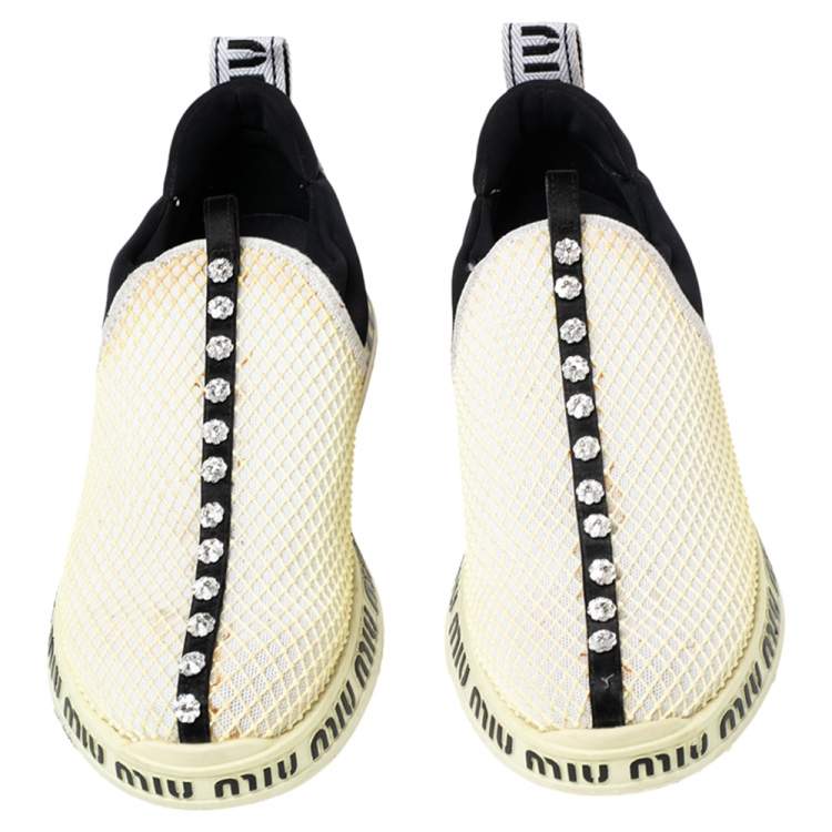 Pre Owned Miu Miu Cream Mesh Crystal Embellished Slip-On Sneakers Size 36