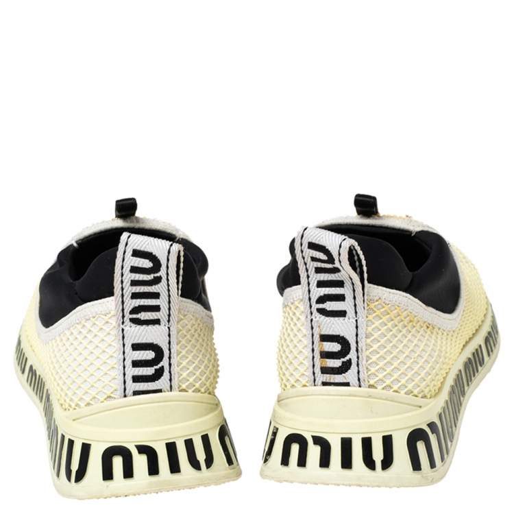 Pre Owned Miu Miu Cream Mesh Crystal Embellished Slip-On Sneakers Size 36