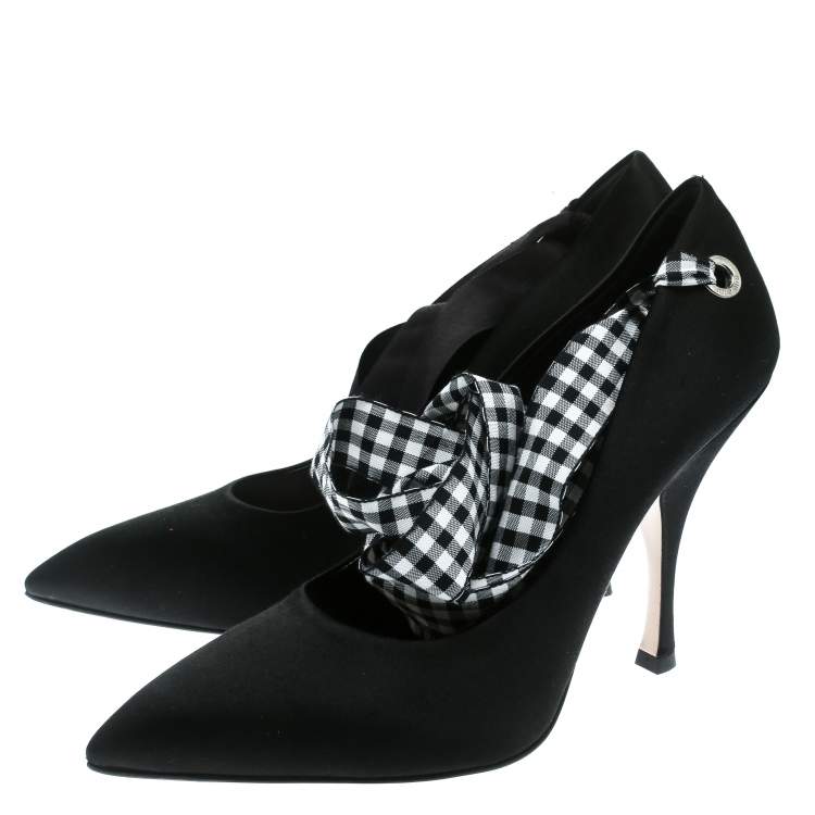 Pre Owned Miu Miu Black Satin Ankle Wrap Pointed Toe Pumps Size 36.5