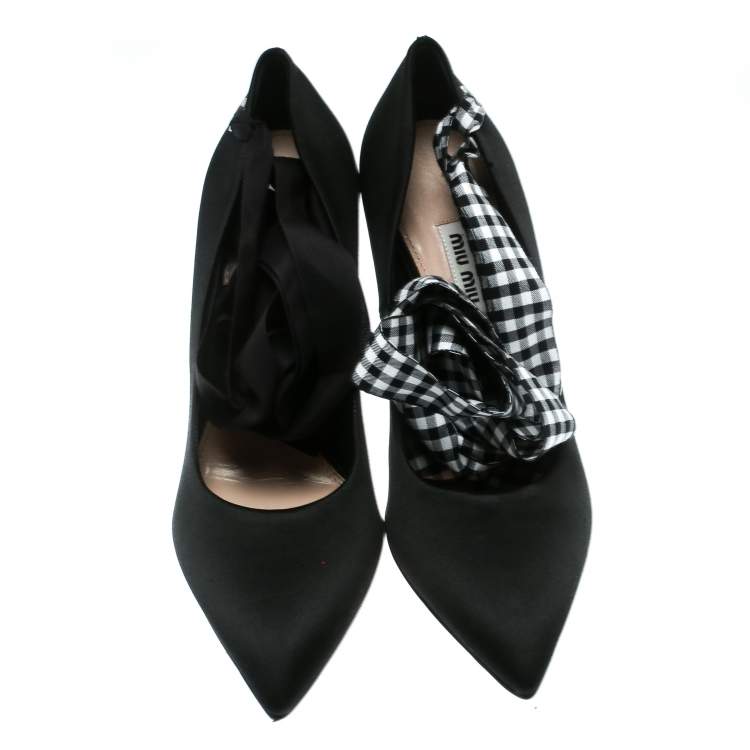 Pre Owned Miu Miu Black Satin Ankle Wrap Pointed Toe Pumps Size 36.5