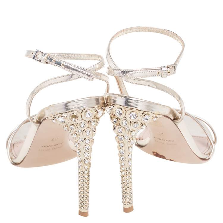 مملوكة مسبقًا Miu Miu Gold Leather Crystal Heel Ankle Strap Sandals Size 37