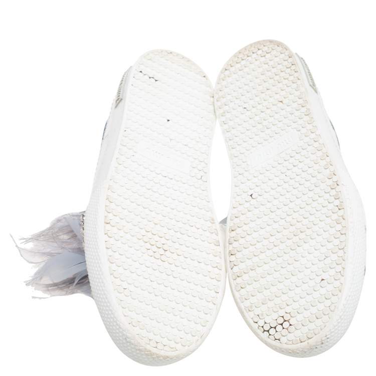 Pre Owned Miu Miu Navy Blue Crystal Embellished Denim With Marabou Feathers  Slip On Sneakers Size 37.5
