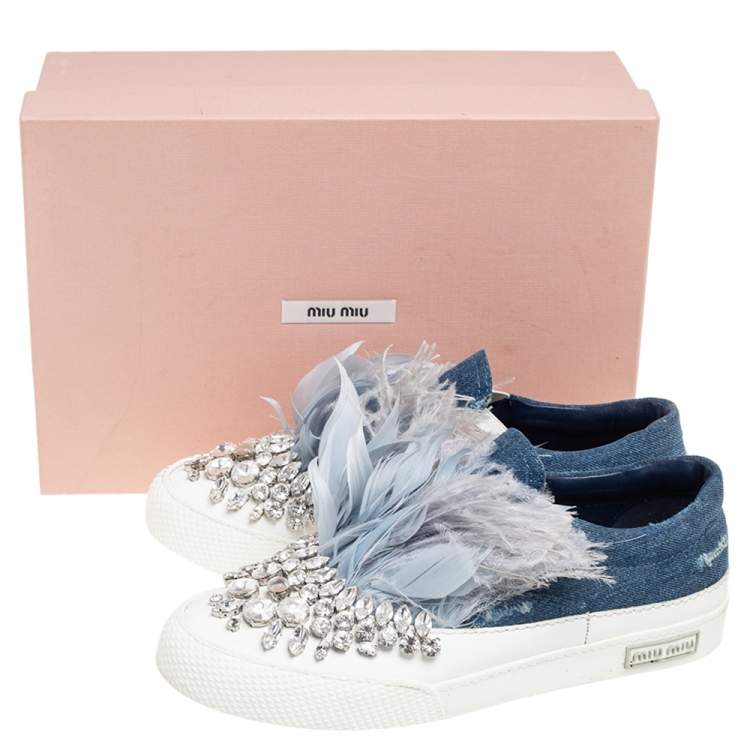 Pre Owned Miu Miu Navy Blue Crystal Embellished Denim With Marabou Feathers  Slip On Sneakers Size 37.5