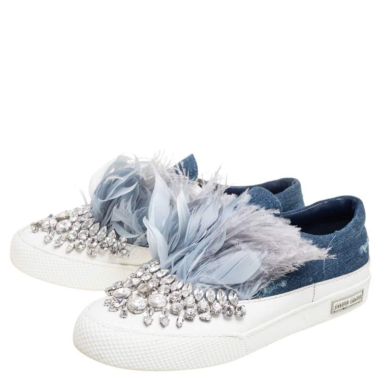 Pre Owned Miu Miu Navy Blue Crystal Embellished Denim With Marabou Feathers  Slip On Sneakers Size 37.5