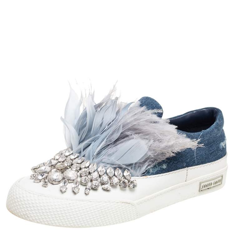 Pre Owned Miu Miu Navy Blue Crystal Embellished Denim With Marabou Feathers  Slip On Sneakers Size 37.5
