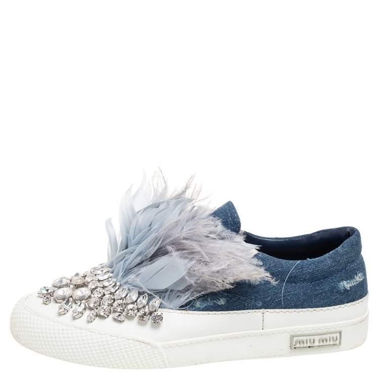 Pre Owned Miu Miu Navy Blue Crystal Embellished Denim With Marabou Feathers  Slip On Sneakers Size 37.5