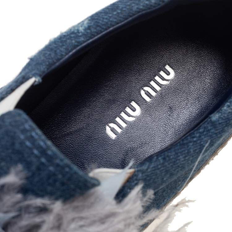 Pre Owned Miu Miu Navy Blue Crystal Embellished Denim With Marabou Feathers  Slip On Sneakers Size 37.5