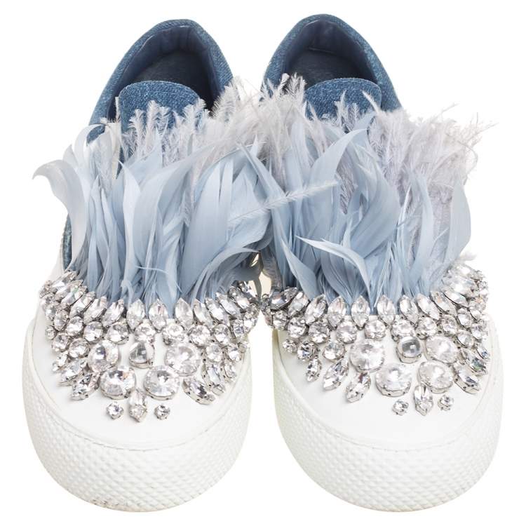 Pre Owned Miu Miu Navy Blue Crystal Embellished Denim With Marabou Feathers  Slip On Sneakers Size 37.5