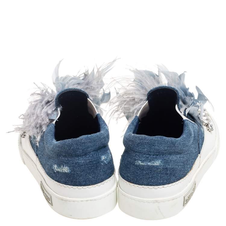 Pre Owned Miu Miu Navy Blue Crystal Embellished Denim With Marabou Feathers  Slip On Sneakers Size 37.5