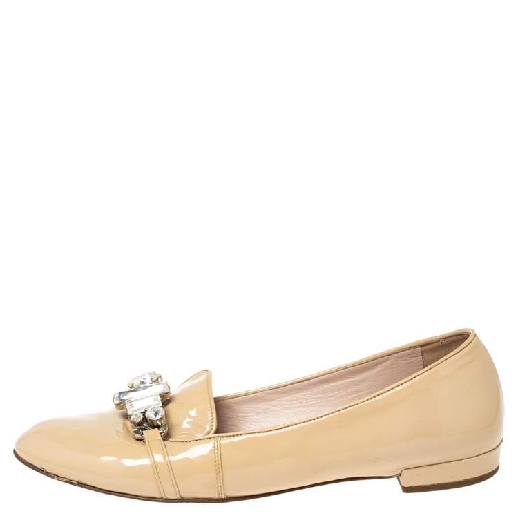 Pre Owned Miu Miu Beige Patent Leather Crystal Embellished Smoking Slippers Size 38