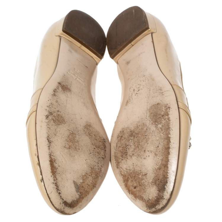 Pre Owned Miu Miu Beige Patent Leather Crystal Embellished Smoking Slippers Size 38