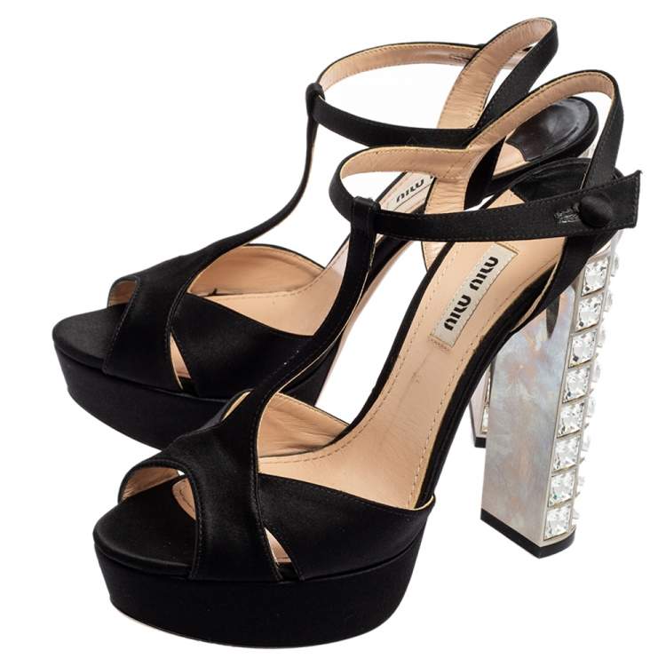 Pre Owned Miu Miu Black Satin Crystal Embellished Heel Platform Peep-Toe Sandals Size 37.5