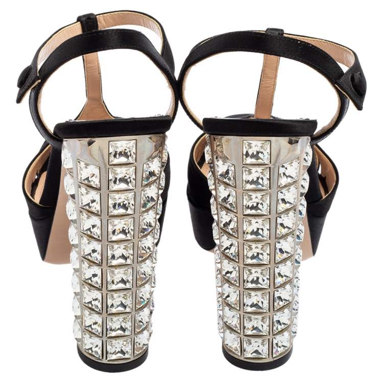 Pre Owned Miu Miu Black Satin Crystal Embellished Heel Platform Peep-Toe Sandals Size 37.5