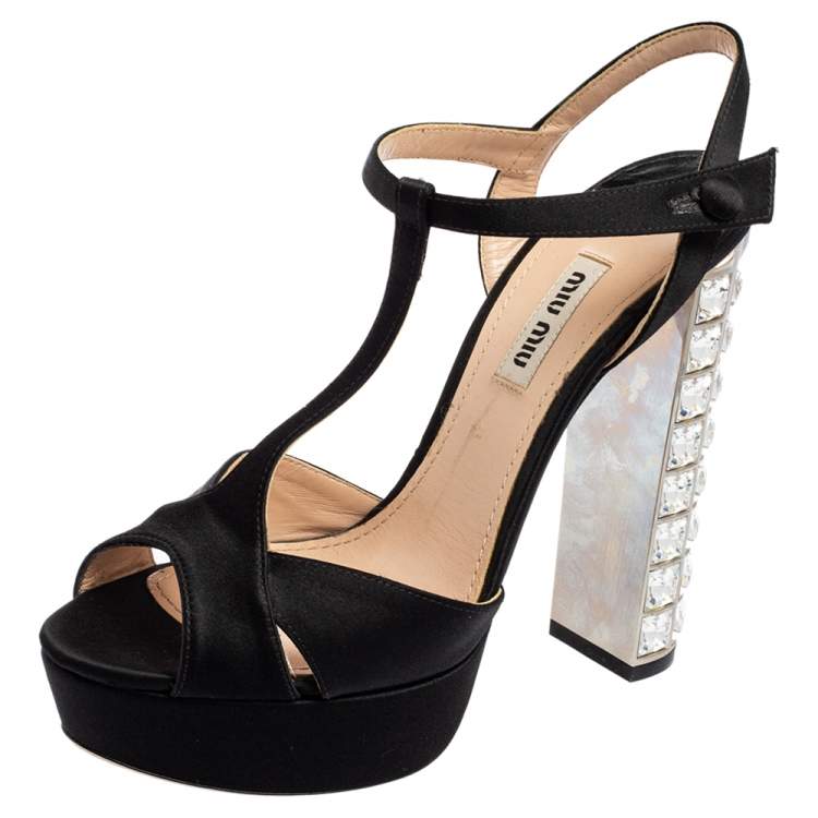 Pre Owned Miu Miu Black Satin Crystal Embellished Heel Platform Peep-Toe Sandals Size 37.5