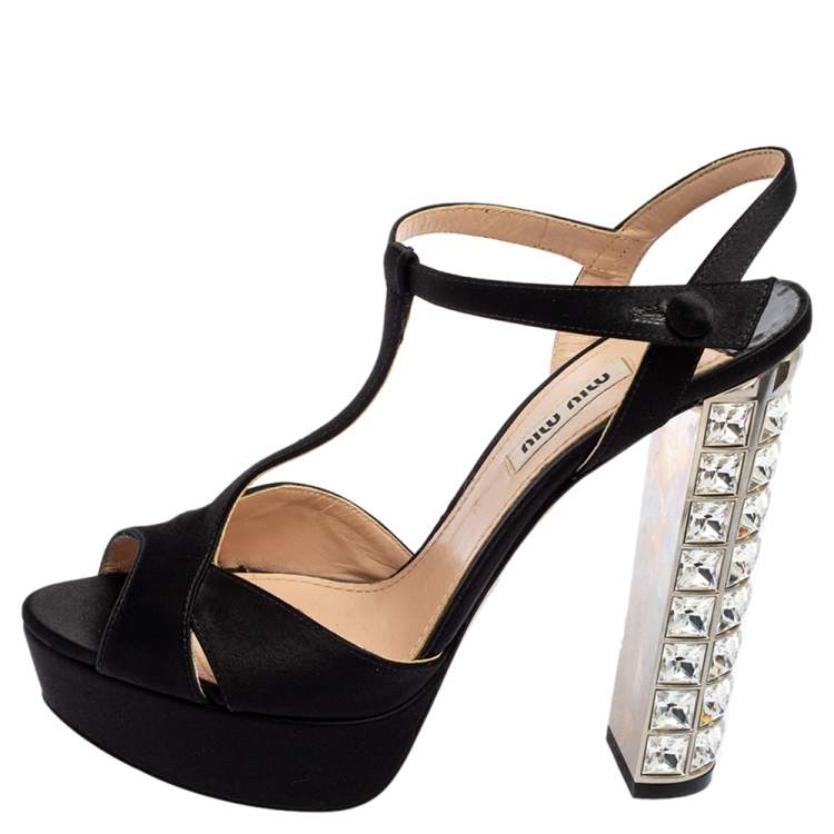 Pre Owned Miu Miu Black Satin Crystal Embellished Heel Platform Peep-Toe Sandals Size 37.5