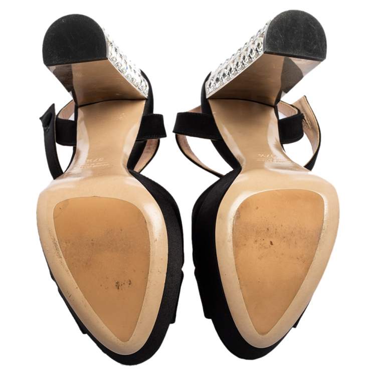 Pre Owned Miu Miu Black Satin Crystal Embellished Heel Platform Peep-Toe Sandals Size 37.5