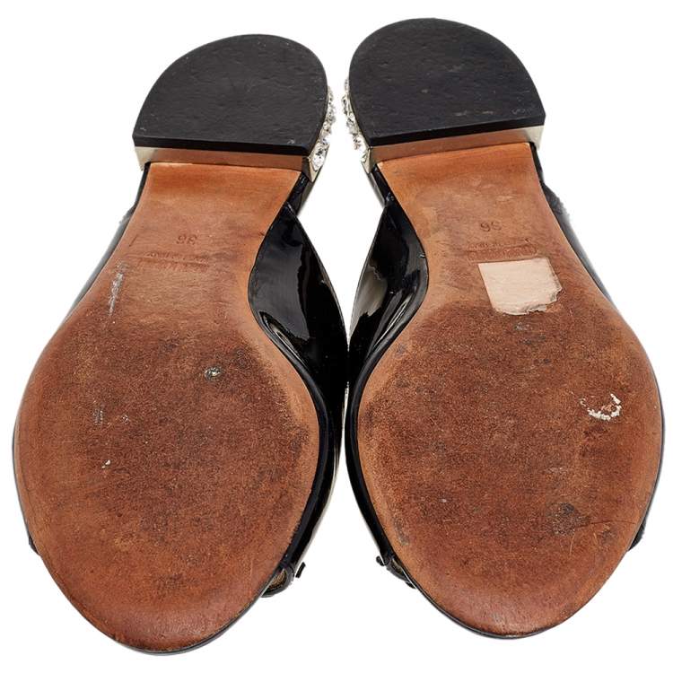 Pre Owned Miu Miu Black Patent Leather Bow Embellished Flat Slides Size 36