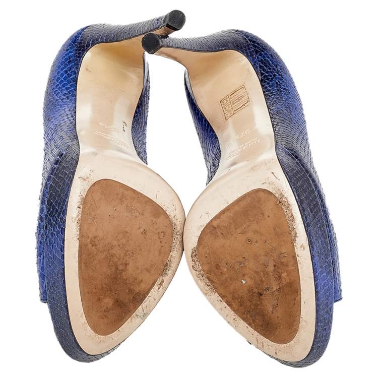 Pre Owned Miu Miu Blue Python Embossed Leather Peep Toe Platform Pumps Size 37.5