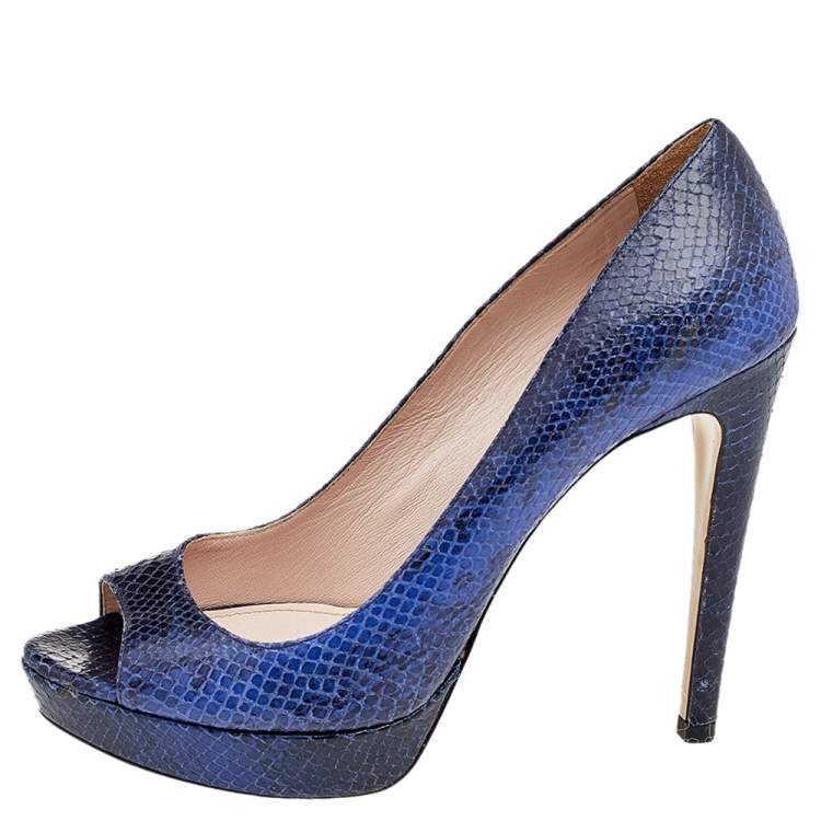 Pre Owned Miu Miu Blue Python Embossed Leather Peep Toe Platform Pumps Size 37.5