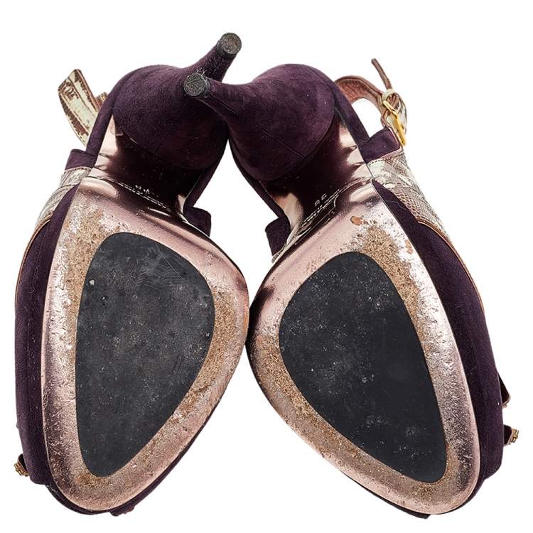 Pre Owned Miu Miu Purple Suede And Lizard Embossed Leather Embellished Peep Toe Pumps Size 38