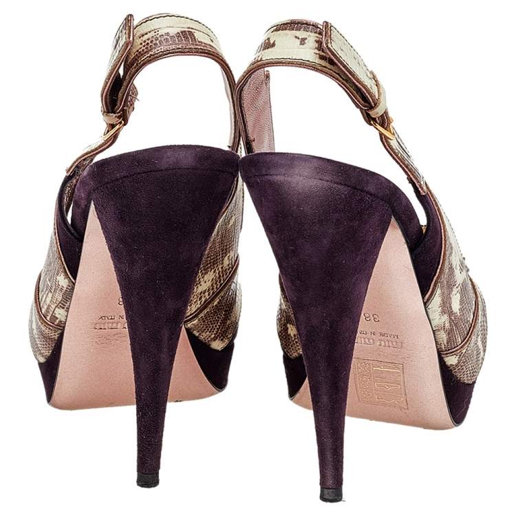 Pre Owned Miu Miu Purple Suede And Lizard Embossed Leather Embellished Peep Toe Pumps Size 38
