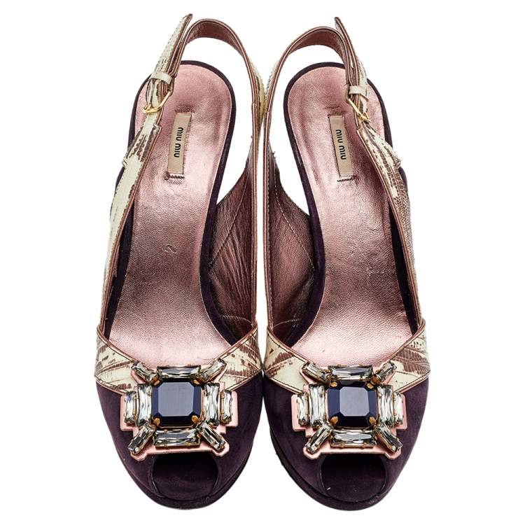 Pre Owned Miu Miu Purple Suede And Lizard Embossed Leather Embellished Peep Toe Pumps Size 38