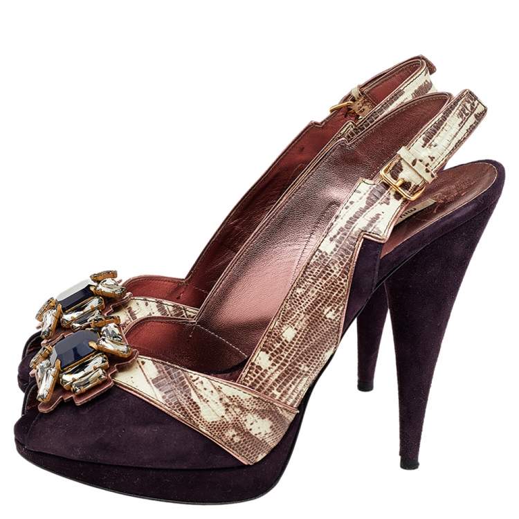 Pre Owned Miu Miu Purple Suede And Lizard Embossed Leather Embellished Peep Toe Pumps Size 38