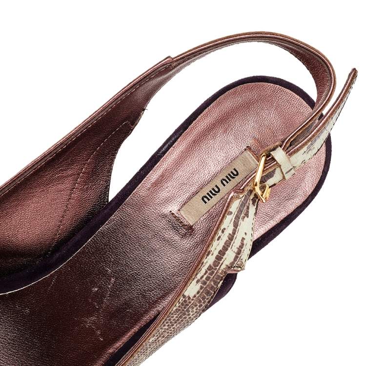 Pre Owned Miu Miu Purple Suede And Lizard Embossed Leather Embellished Peep Toe Pumps Size 38