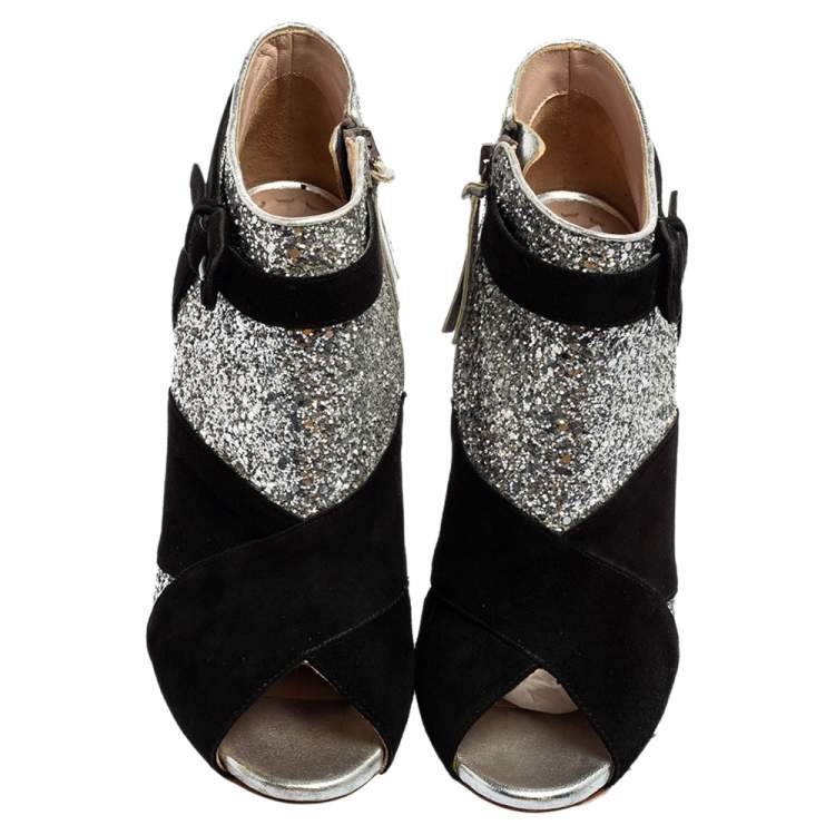 Pre Owned Miu Miu Silver/Black Glitter and Suede Peep-Toe Ankle Boots Size 37.5