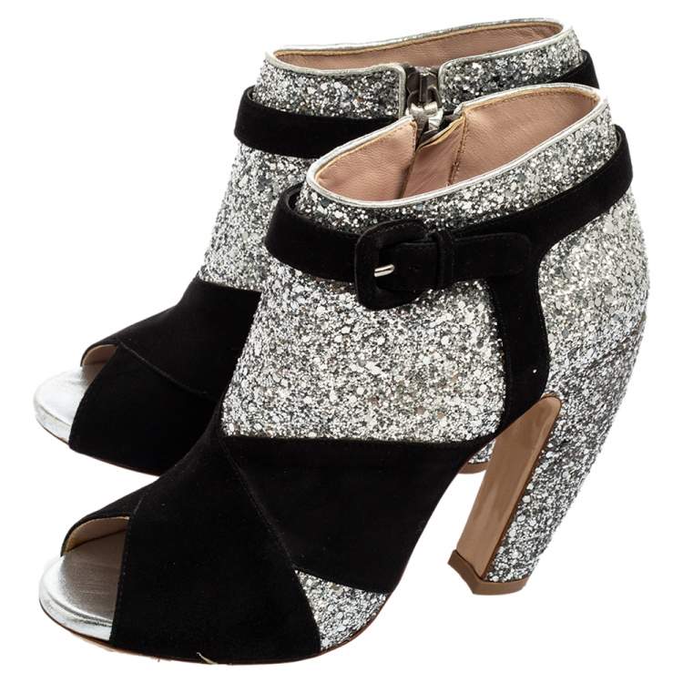 Pre Owned Miu Miu Silver/Black Glitter and Suede Peep-Toe Ankle Boots Size 37.5
