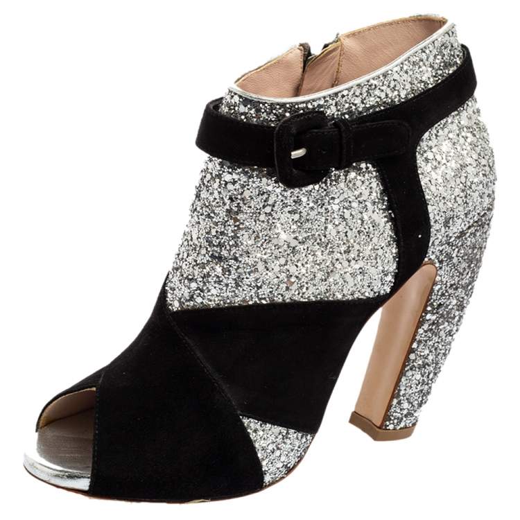 Miu Silver/Black Glitter and Suede Peep-Toe Ankle Boots Size 37.5 Miu Miu | TLC