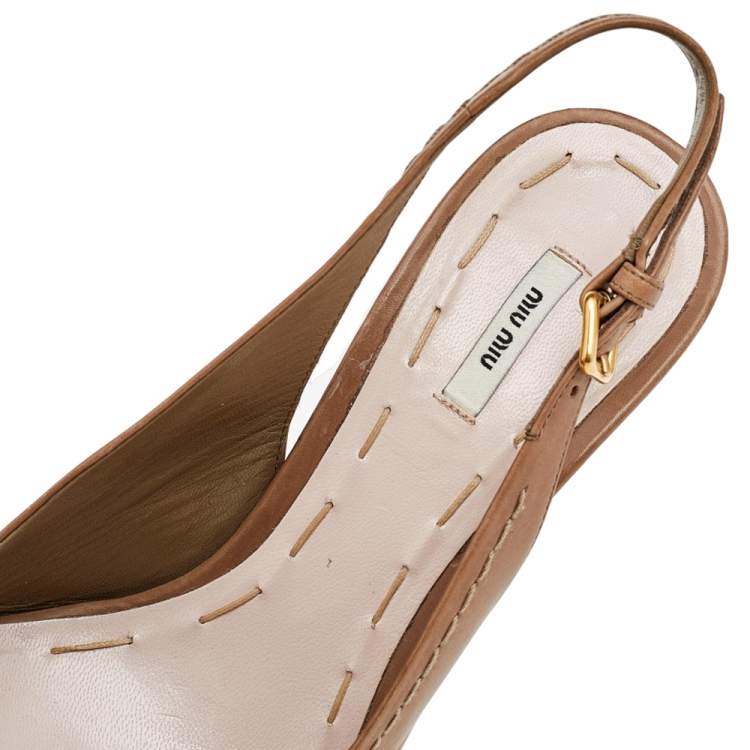 Pre Owned Miu Miu Beige Leather Platform Slingback Sandals Size 38