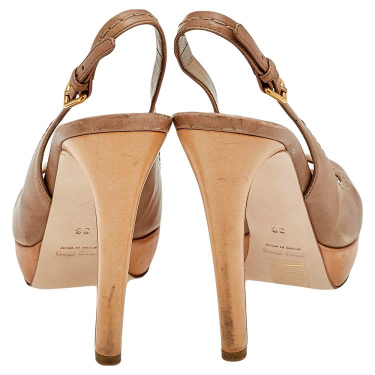 Pre Owned Miu Miu Beige Leather Platform Slingback Sandals Size 38