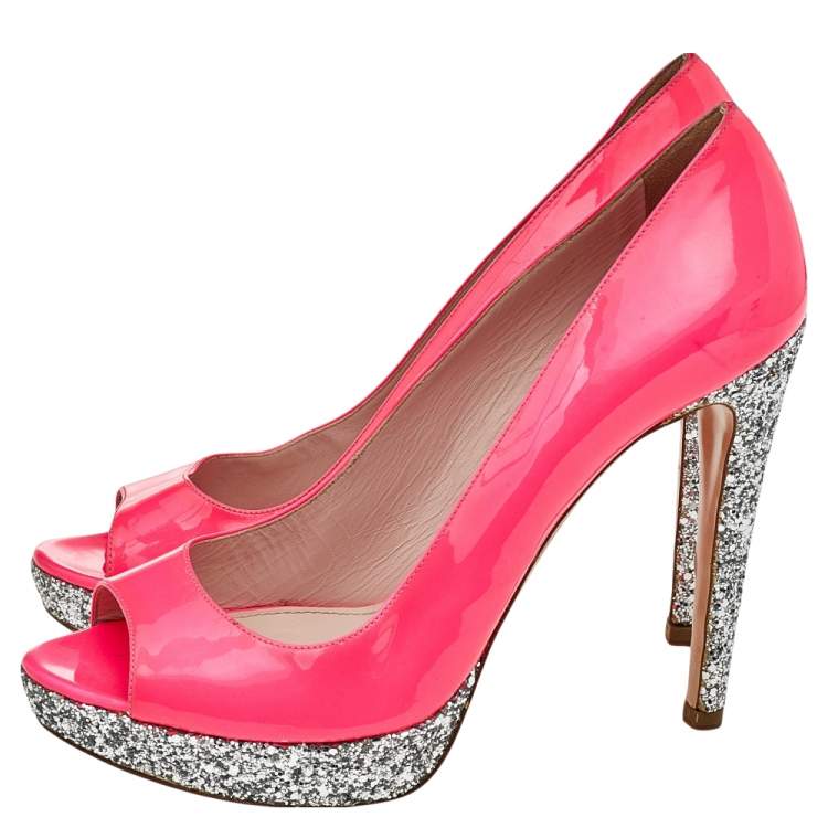 Pre Owned Miu Miu Neon Pink Patent Leather Peep Toe Pumps Size 38.5