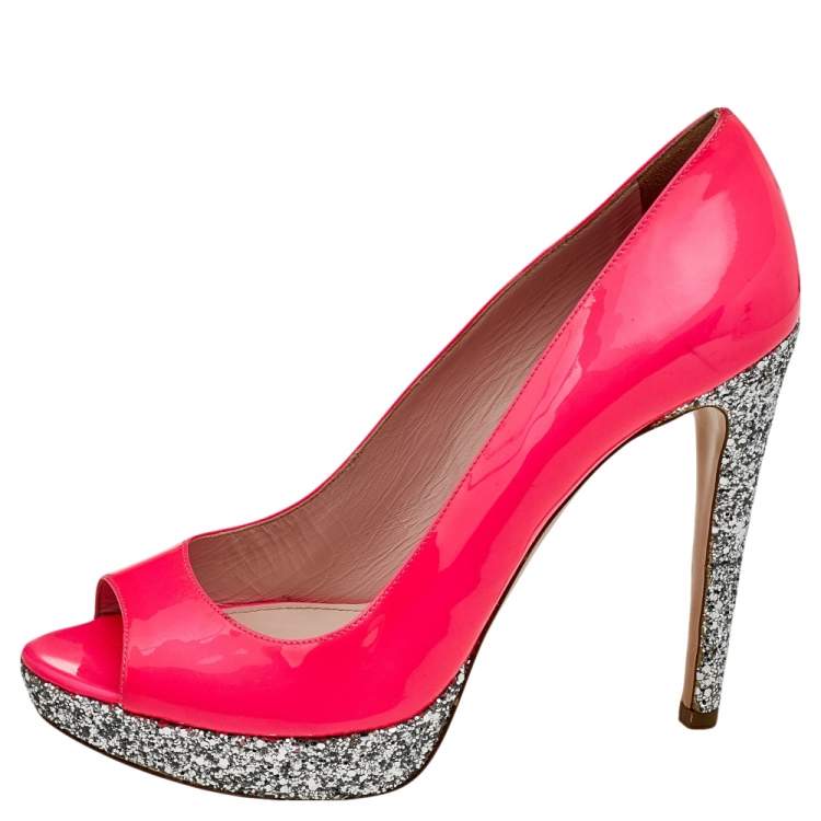 Pre Owned Miu Miu Neon Pink Patent Leather Peep Toe Pumps Size 38.5