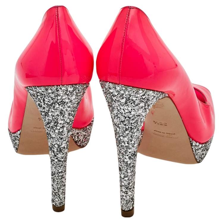 Pre Owned Miu Miu Neon Pink Patent Leather Peep Toe Pumps Size 38.5