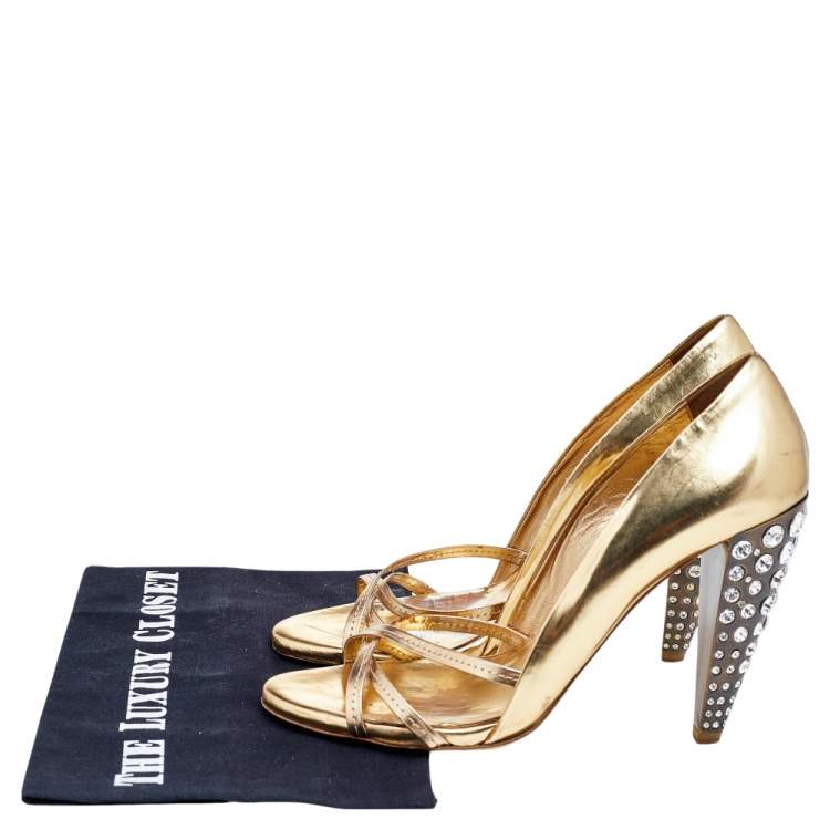 Pre Owned Miu Miu Metallic Gold Leather Crystal Embellished Pumps Size 38.5